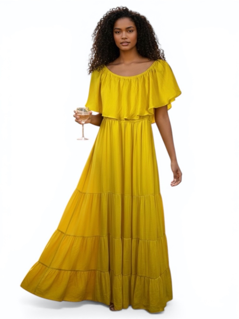 Forever 21 Contemporary Yellow Off-The-Shoulder Tiered Maxi Dress Small NWOT